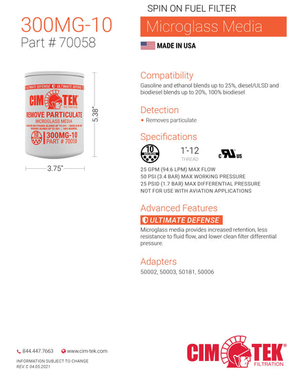 CimTek 70058/300MG-10, 10 Micron, 3/4"(1"-12) Threaded Filter