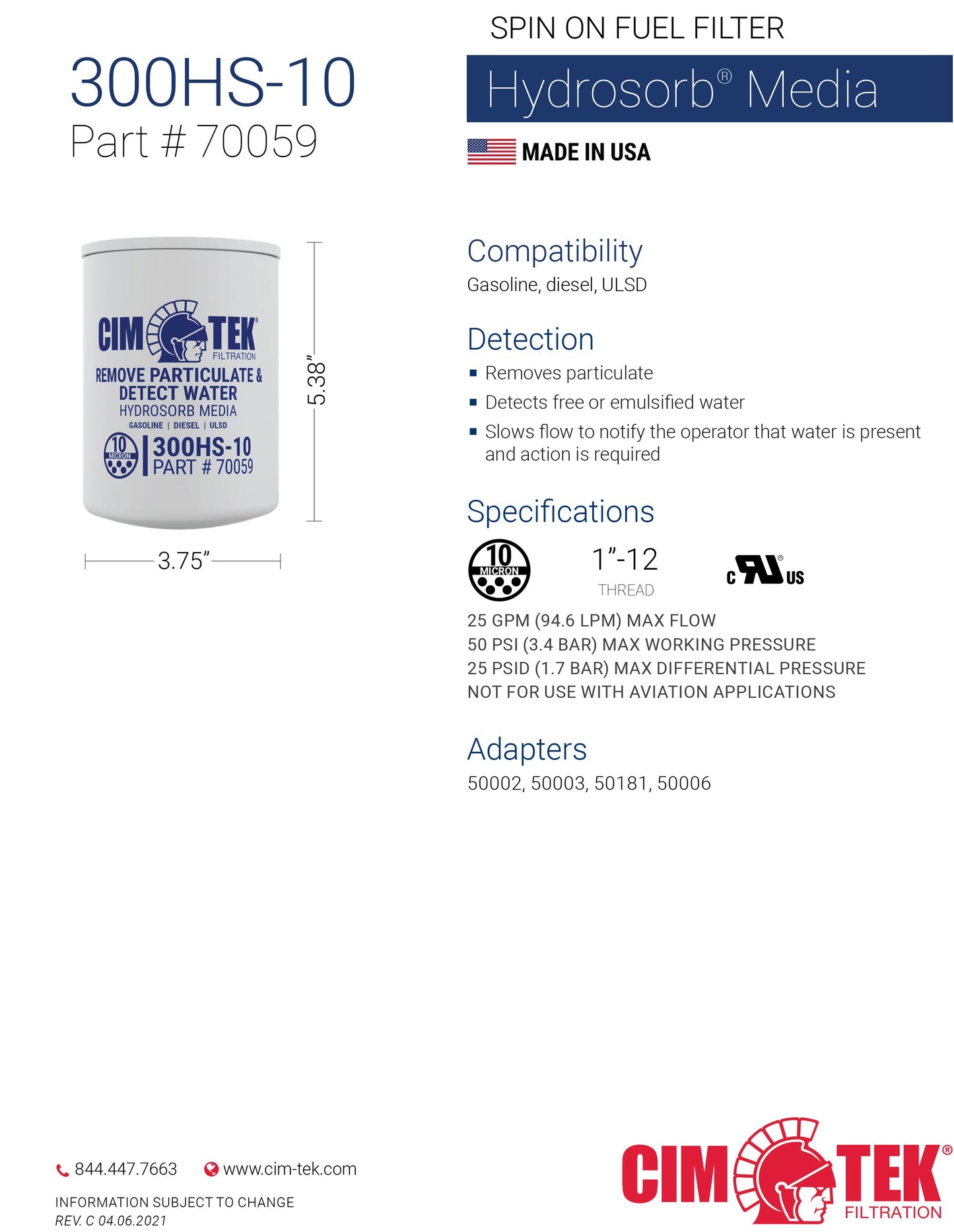 CimTek Filter 70059/300HS-10, 10 Micron, 3/4"(1"-12) Threaded Filter