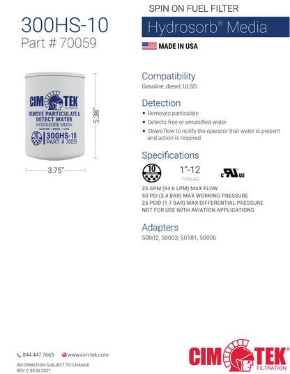 CimTek Filter 70059/300HS-10, 10 Micron, 3/4"(1"-12) Threaded Filter