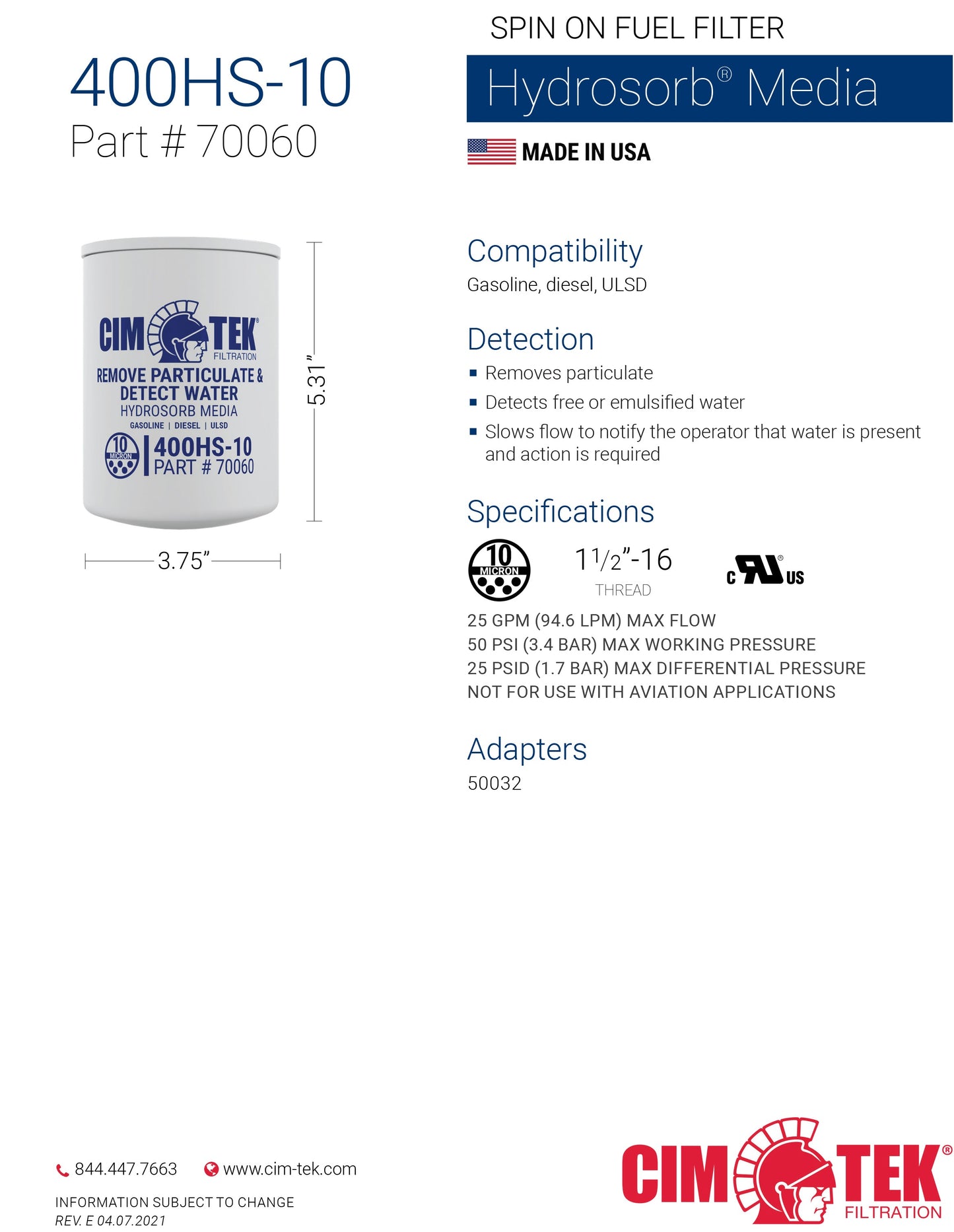 CimTek Filter 70060/400HS-10, 10 Micron, 1-1/2"-16 Threaded Filter