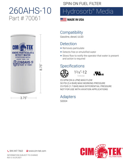 CimTek Filter 70061/260AHS-10, 10 Micron, 1"(1-3/8"-12) Threaded Filter