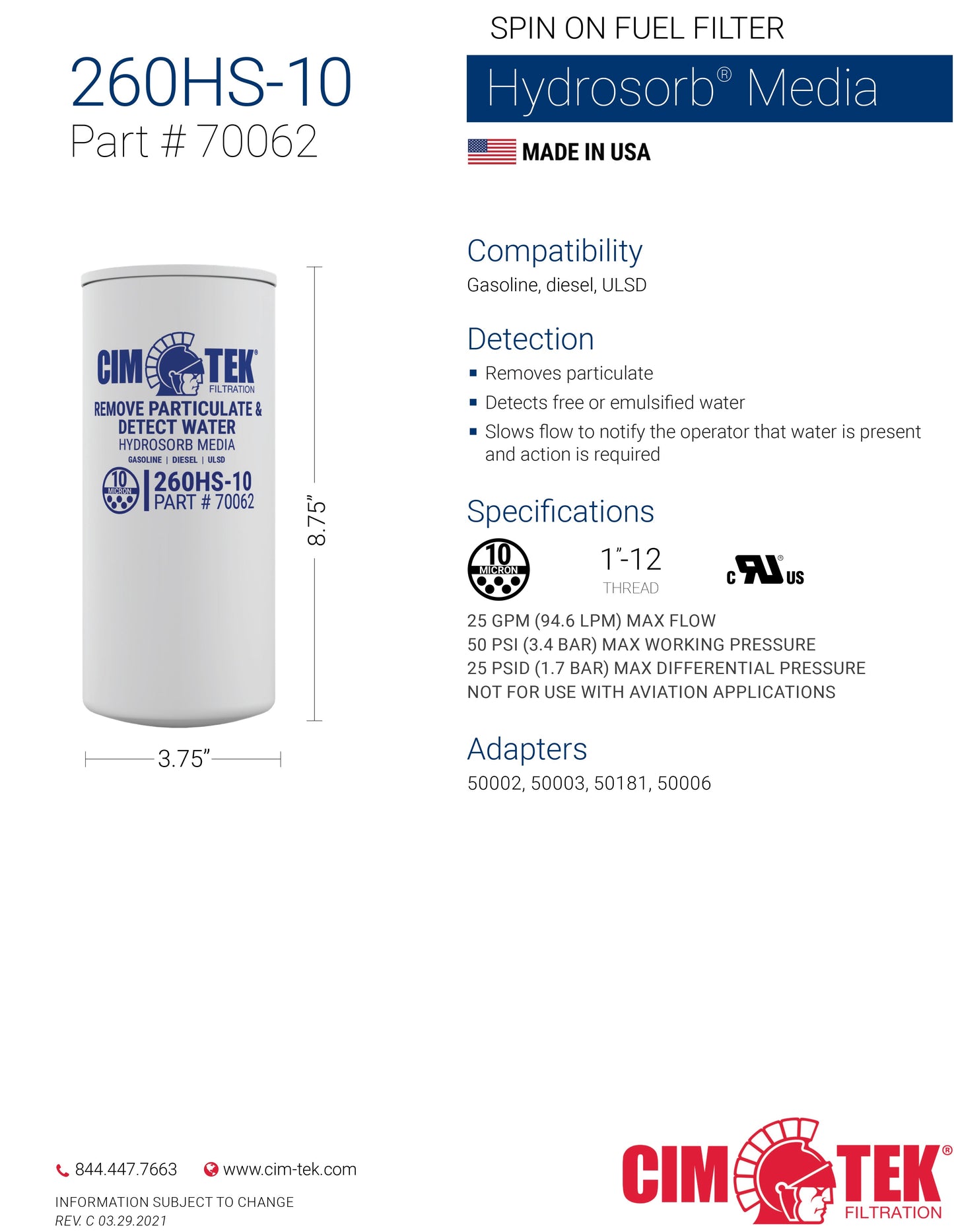 CimTek Filter 70062/260HS-10, 10 Micron, 3/4"(1"-12) Threaded Filter