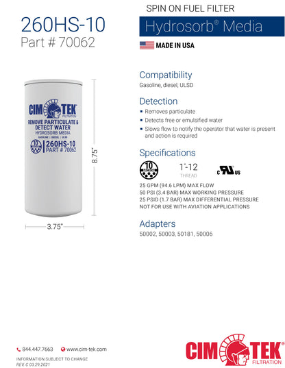 CimTek Filter 70062/260HS-10, 10 Micron, 3/4"(1"-12) Threaded Filter