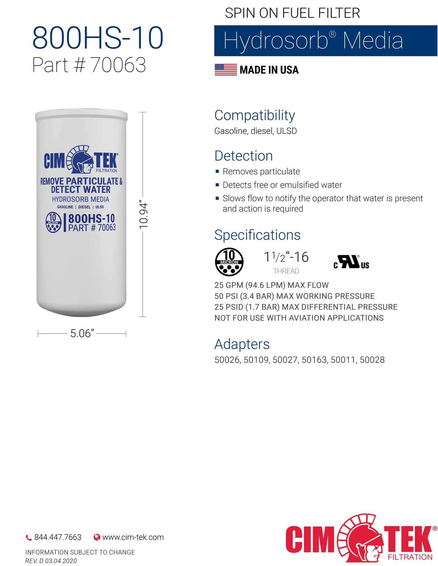 CimTek Filter 70063/800HS-10, 10 Micron, 1-1/2"-16 Threaded Filter