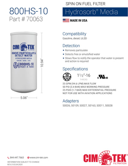 CimTek Filter 70063/800HS-10, 10 Micron, 1-1/2"-16 Threaded Filter