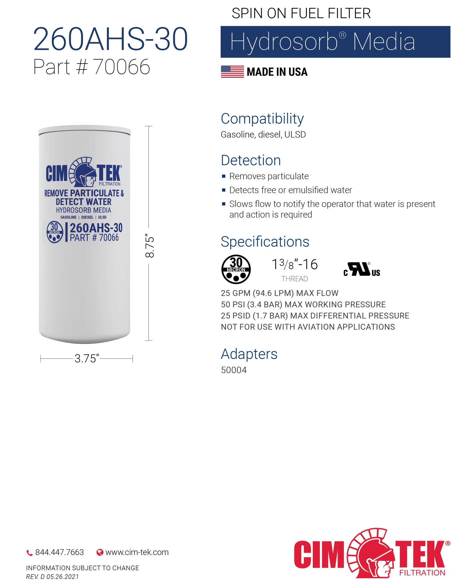 CimTek Filter 70066/260AHS-30, 30 Micron, 1"(1-3/8"-12) Threaded Filter