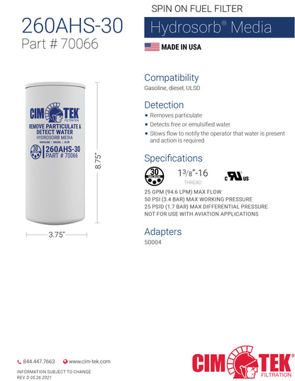 CimTek Filter 70066/260AHS-30, 30 Micron, 1"(1-3/8"-12) Threaded Filter