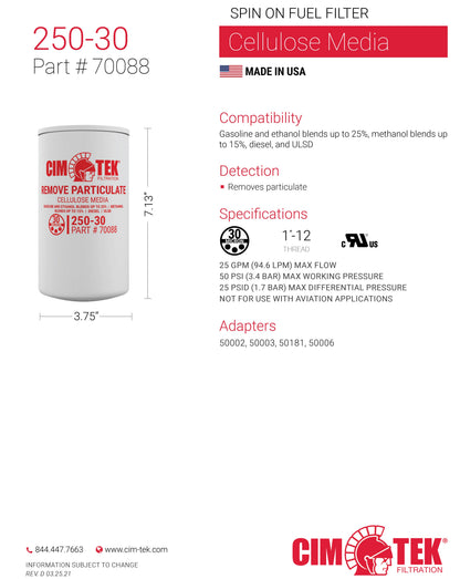CimTek Filter 70088/250-30, Cellulose 30 Micron, 3/4"(1"-12) Threaded Filter