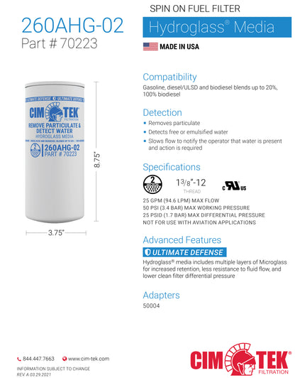 CimTek 70223/260AHG-02, Hydroglass 2 Micron, 1" (1-3/8"-12) Threaded Filter