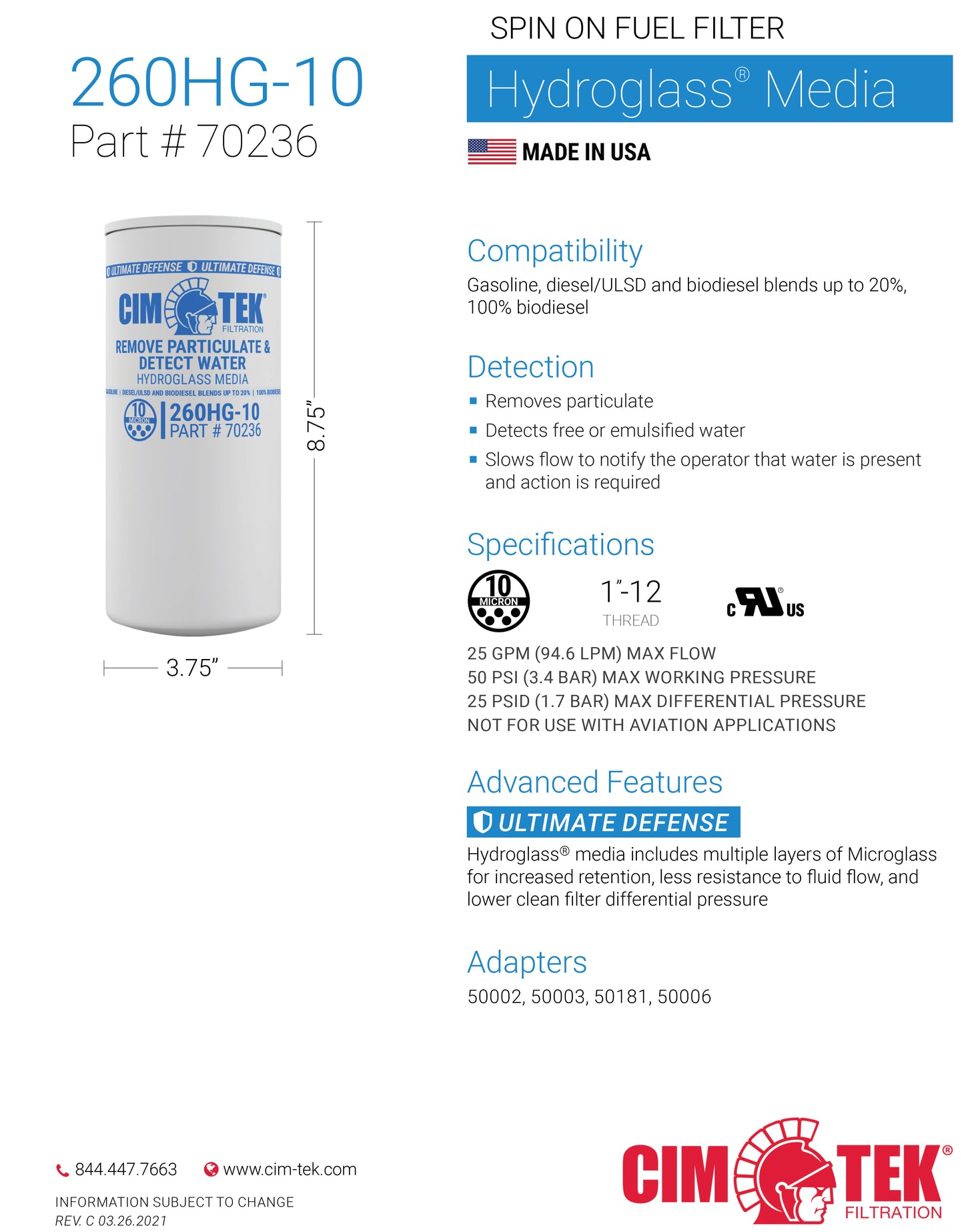 CimTek 70236/260HG-10, Hydroglass 10 Micron, 3/4" (1"-12) Threaded Filter