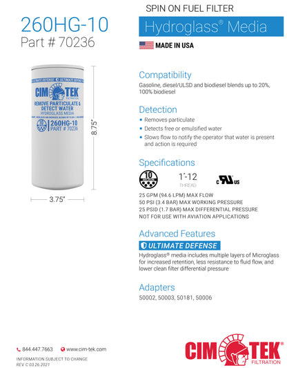 CimTek 70236/260HG-10, Hydroglass 10 Micron, 3/4" (1"-12) Threaded Filter