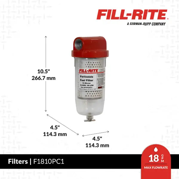 Fill-Rite F1810PC1 10 Micron Particulate Filter, 1" - 12 UNF, 18 GPM, Clear Bowl