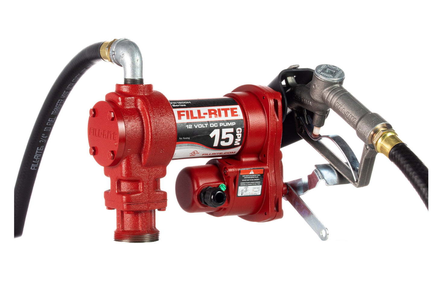 Fill-Rite FR1210H 12V DC 15 GPM Fuel Transfer Pump wo/Meter with 3/4"x12' Discharge Hose, Manual Nozzle