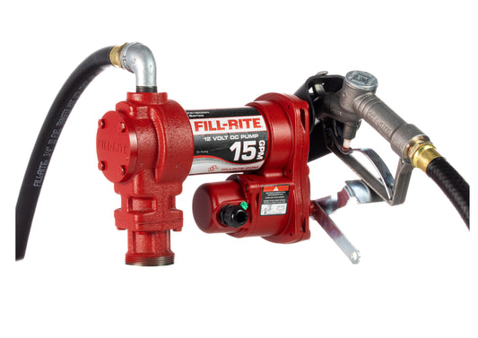 Fill-Rite FR1210H 12V DC 15 GPM Fuel Transfer Pump wo/Meter with 3/4"x12' Discharge Hose, Manual Nozzle