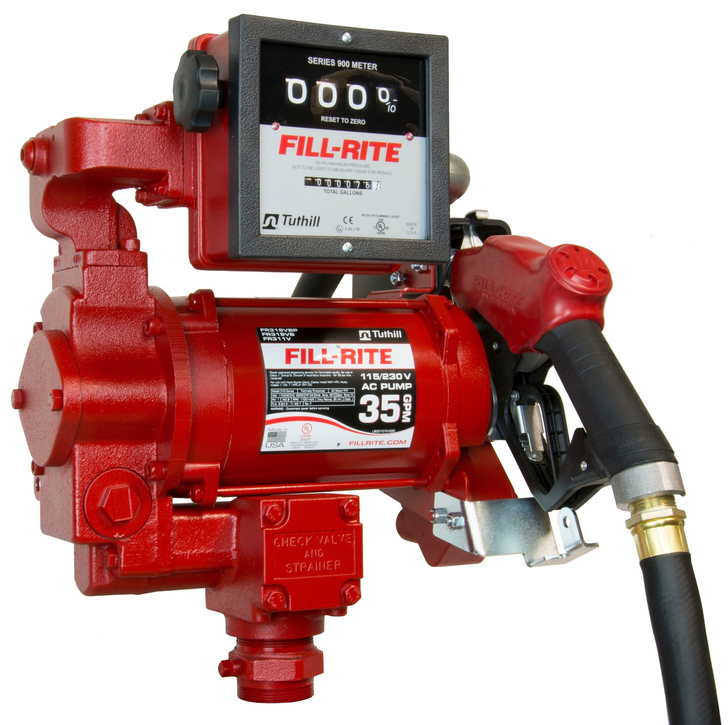 Fill-Rite FR311VB 115/230V Fuel Transfer Pump w/Meter with 1"x18' Discharge Hose, Automatic Nozzle 30GPM
