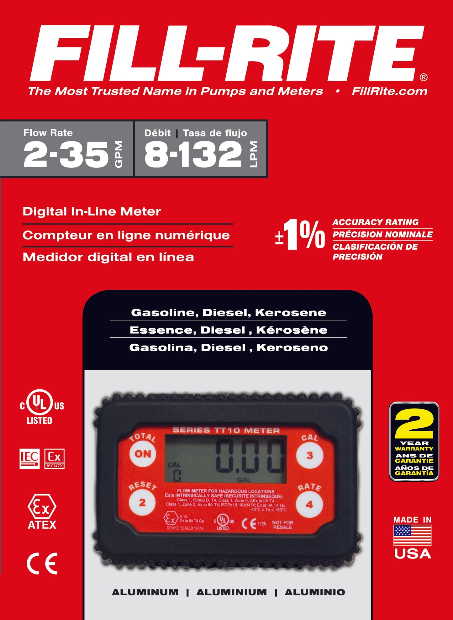Fill-Rite TT10AN 1" NPT, 2-35 GPM Digital In-line Turbine Fuel Meter, Aluminum