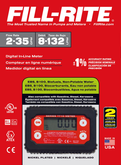 Fill-Rite TT10ANC 1" NPT, 2-35 GPM Digital In-line Turbine Bio-Fuels Meter, Nickel-plated Aluminum