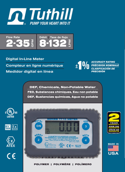 Fill-Rite TT10PB 1" BSPP Thread, 2-35 GPM Digital In-Line Turbine Meter, Chemical Transfer Meter, Polymer