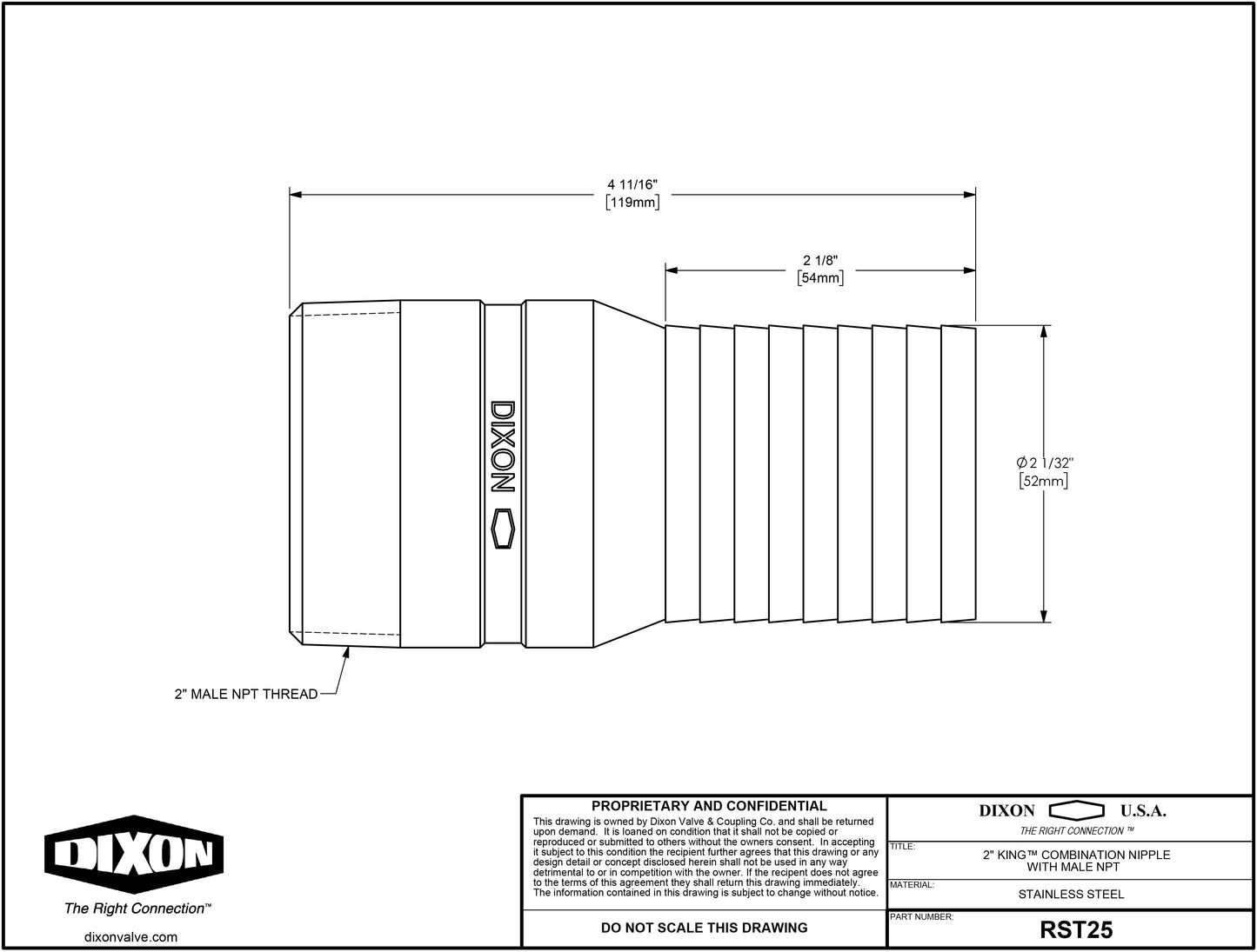 Dixon RST25 King Combination Nipple, 2" NPT Threaded x Hose Shank SS