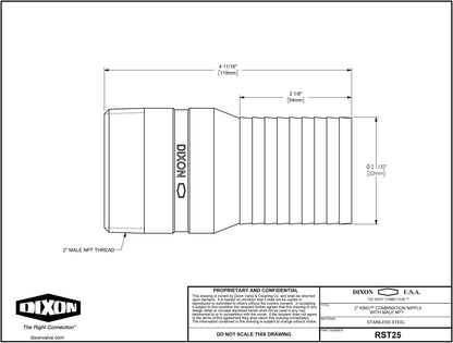 Dixon RST25 King Combination Nipple, 2" NPT Threaded x Hose Shank SS