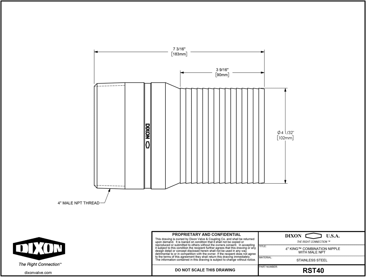 Dixon RST40 King Combination Nipple, 4" NPT Threaded x Hose Shank SS
