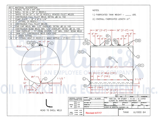 IOME 1000 Gallon 64" UL Single Wall AST for Fuel and Oil - Steel Painted White(UL142)