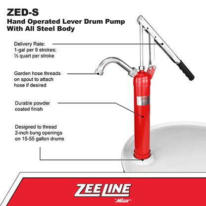 Zeeline by Milton ZED-S Hand Operated Lever Drum Pump with All Steel Body (1 Gallon Per 9 Strokes)