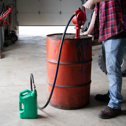 Fill-Rite FR112 Rotary Hand-Operated Fuel Transfer Pump with Nozzle Spout, 3/4" x 8' Hose, 1" Telescoping Steel Suction Tube(20"-34.5"), 2" Bung Mounted