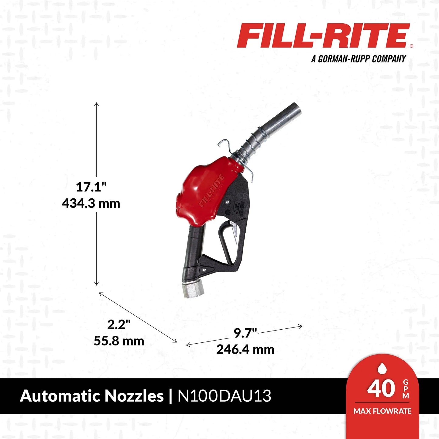 Fill-Rite N100DAU13 1" Ultra High Flow Automatic Nozzle, Red Cover, Hook, and Spring on Spout
