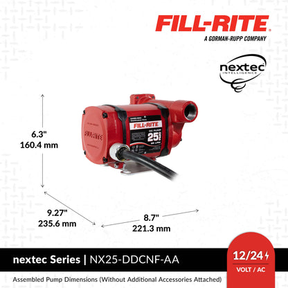Fill-Rite NX25-DDCNF-AA 12/24V DC 25 GPM Fuel Transfer Pump with Automatic Diesel Nozzle, 1" X 18' Hose, Foot Mounted