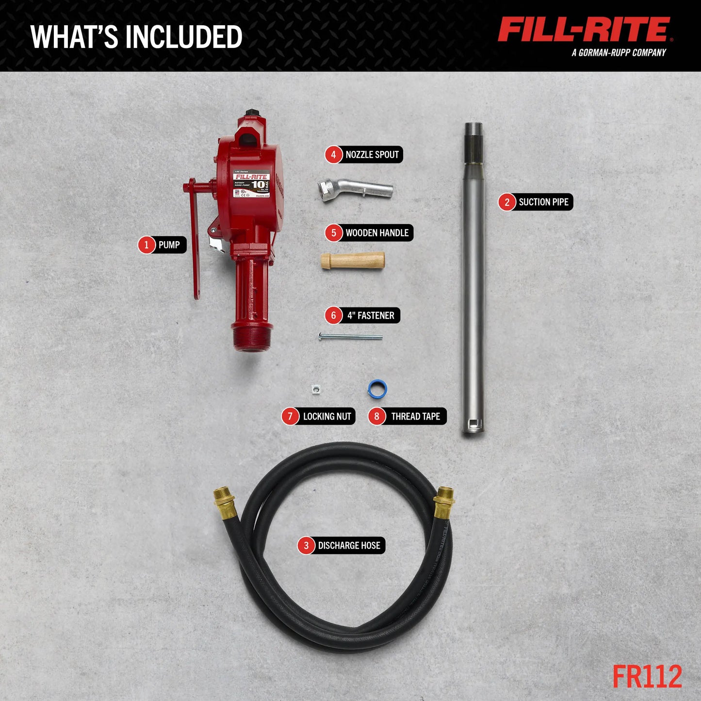 Fill-Rite FR112 Rotary Hand-Operated Fuel Transfer Pump with Nozzle Spout, 3/4" x 8' Hose, 1" Telescoping Steel Suction Tube(20"-34.5"), 2" Bung Mounted