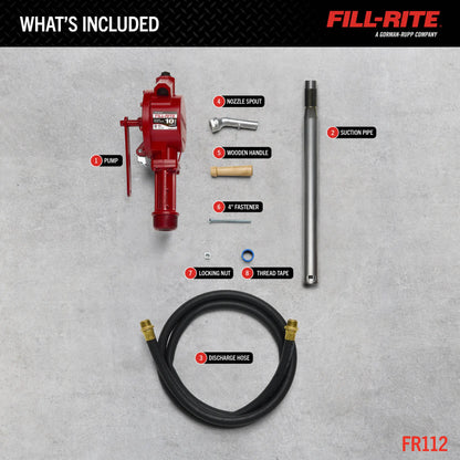 Fill-Rite FR112 Rotary Hand-Operated Fuel Transfer Pump with Nozzle Spout, 3/4" x 8' Hose, 1" Telescoping Steel Suction Tube(20"-34.5"), 2" Bung Mounted
