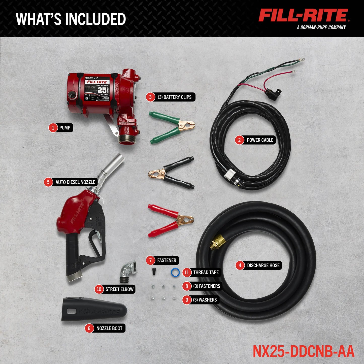Fill-Rite NX25-DDCNB-AA 12/24V DC 25 GPM Fuel Transfer Pump with Automatic Diesel Nozzle, 1" X 18' Hose, 2" Bung Mounted