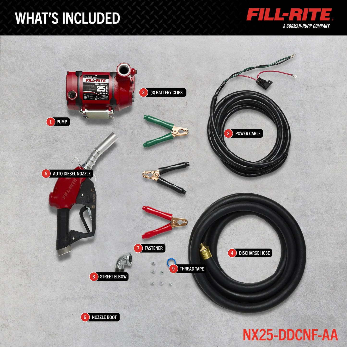 Fill-Rite NX25-DDCNF-AA 12/24V DC 25 GPM Fuel Transfer Pump with Automatic Diesel Nozzle, 1" X 18' Hose, Foot Mounted