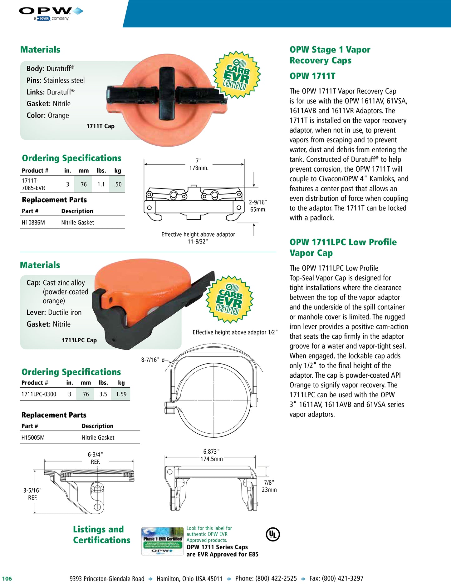 OPW FC 1711T-7085-EVR Stage 1 Vapor Recovery Cap - Orange